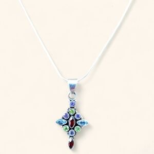 16" Sterling Silver & Multicolor Gemstone Pendant Necklace